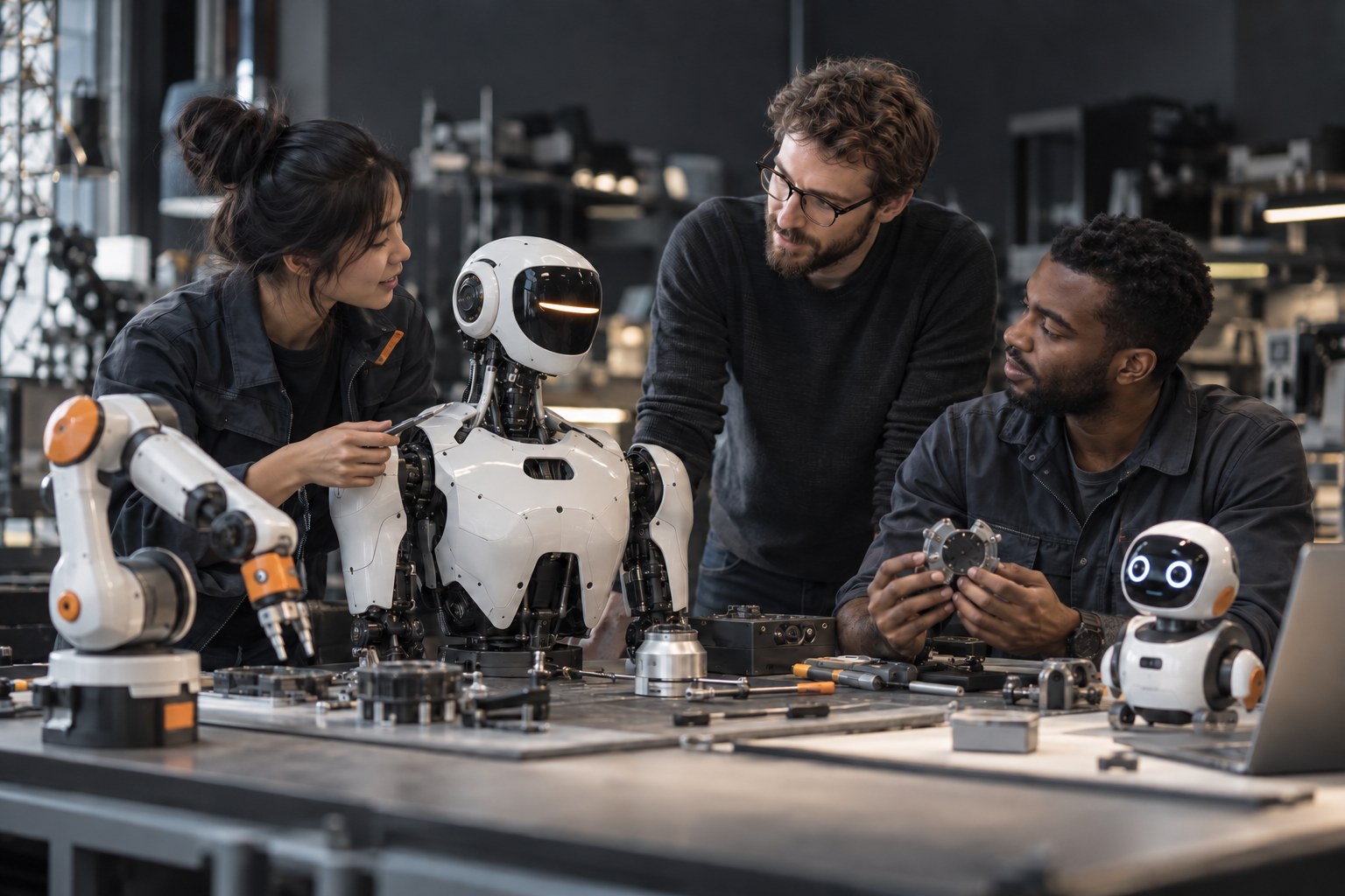 Illustrative scene of engineers collaborating on robotics